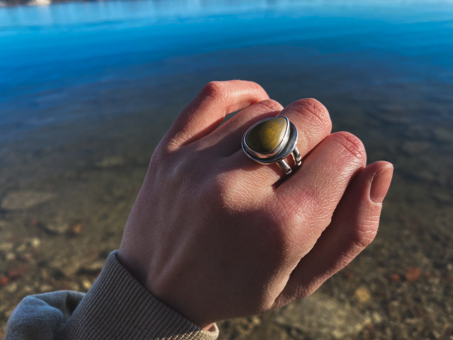 Bumblebee Jasper Recycled Silver Ring Size 8