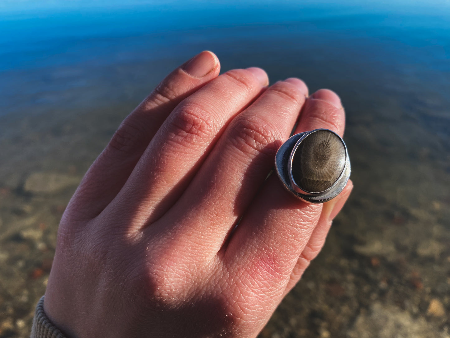 Petoskey Stone Recycled Silver Ring Size 7